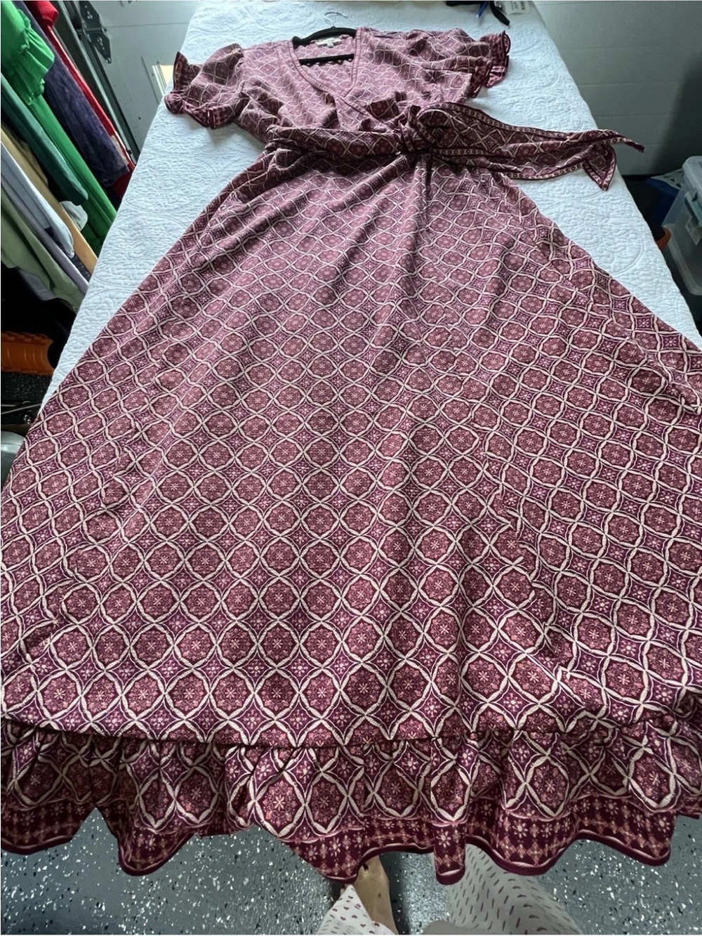 Max Studio Burgundy Geometric Wrap Maxi Dress with Ruffle Hem